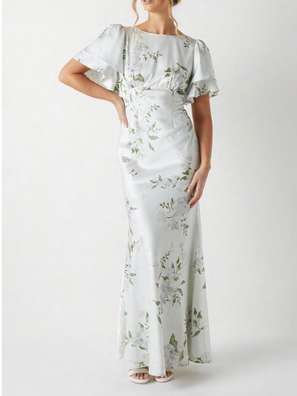 Coast Dahlia printed angel sleeve satin bridesmaid dress